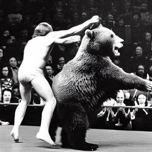 Image similar to maniac john dundee wrestling a bear. madison square garden, 1 9 7 2.