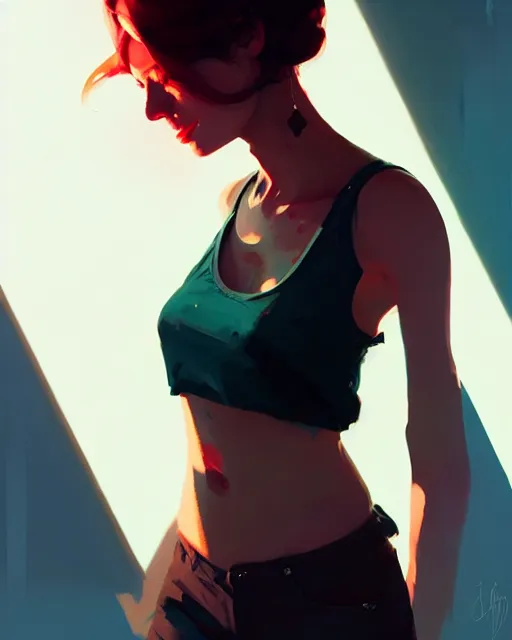 Image similar to neo - noir, hyper - realistic portrait of a girl in a tank top, intricate, 4 k, by atey ghailan, by greg rutkowski, by greg tocchini, by james gilleard, by joe fenton, by kaethe butcher, dynamic lighting, lighting color scheme, sharp focus, grunge aesthetic