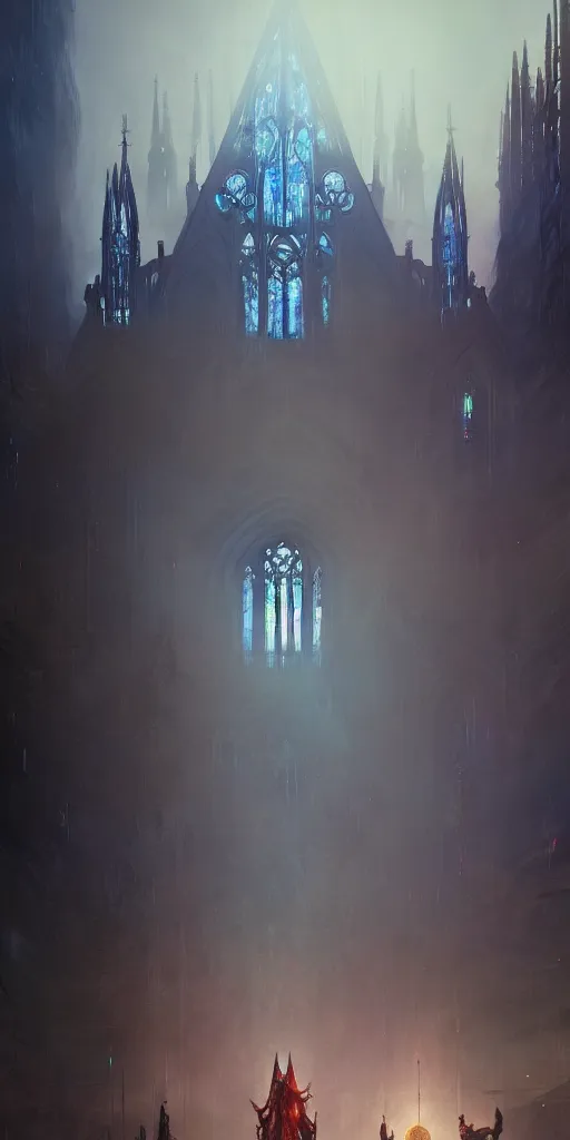 Image similar to outside of a futuristic gothic cathedral with leds, extremely detailed digital painting, in the style of fenghua zhong and ruan jia and jeremy lipking and peter mohrbacher, mystical colors, rim light, beautiful lighting, 8 k, stunning scene, raytracing, octane, trending on artstation