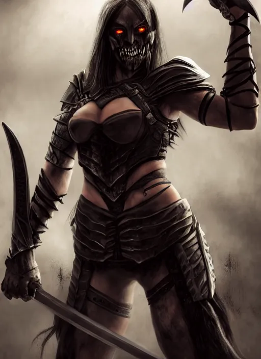 Prompt: female vampire warrior holding a monstrous zweihander, full portrait, sharp teeth, smiling, muscular, flying, barefoot, foot wraps, exposed toes, black heavy armor, realistic armor, metal mask, in the style of ghostblade, wlop, modern fantasy, regular proportions.