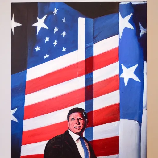 Image similar to oil painting of Ron Desantis in front of a Betsy Ross flag, dark, creepy, ominous, modern propaganda poster style