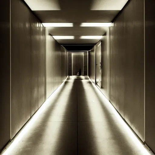 Prompt: noisy color photograph of a liminal space in the style of brutalism, wise hallways with high ceilings, minimalist, oddly familiar, cinematic, dramatic lighting, soft vintage glow