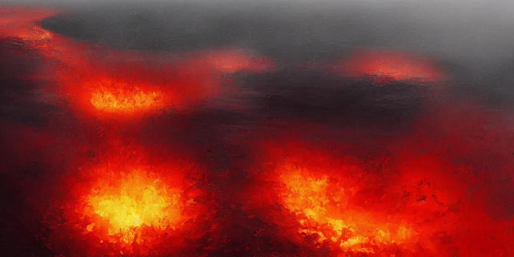 Prompt: a boiling roiling and flaming red sea, geysers of steam, illustration, raining, dark and moody lighting, at night, digital art, oil painting, fantasy, 8 k, trending on artstation, detailed