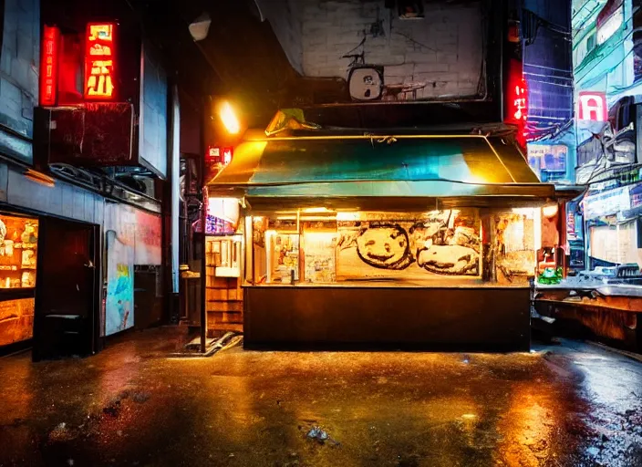 Image similar to exterior of an open cyberpunk ramen place during a rainy night in the style of salvadore dali