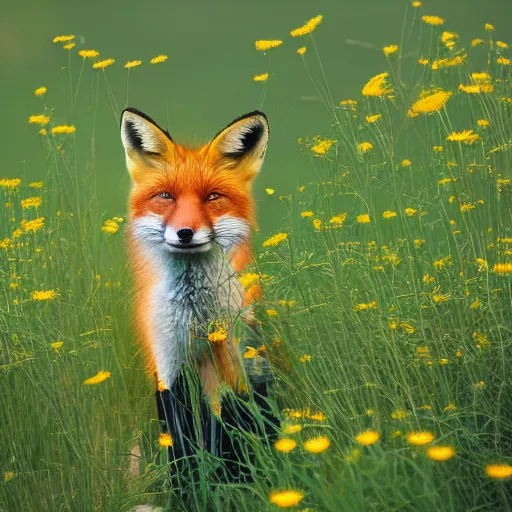 Image similar to A fox in a field of dandelions, golden hour, 50mm close up, beautiful, f/11, bokeh depth of field