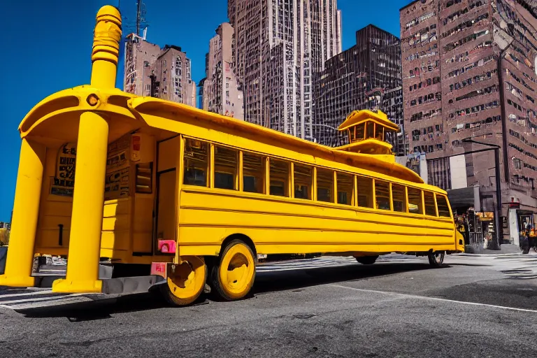 Image similar to Yellow school bus, a red japanese Torii gate, New York location in USA, atomic bomb dropping from the sky, ray tracing, high detail, 4K