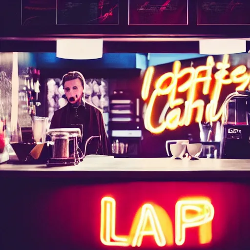 Prompt: a photograph of a vampire barista serving in a coffee shop at night with a neon sing in the background, studio lighting, 4k