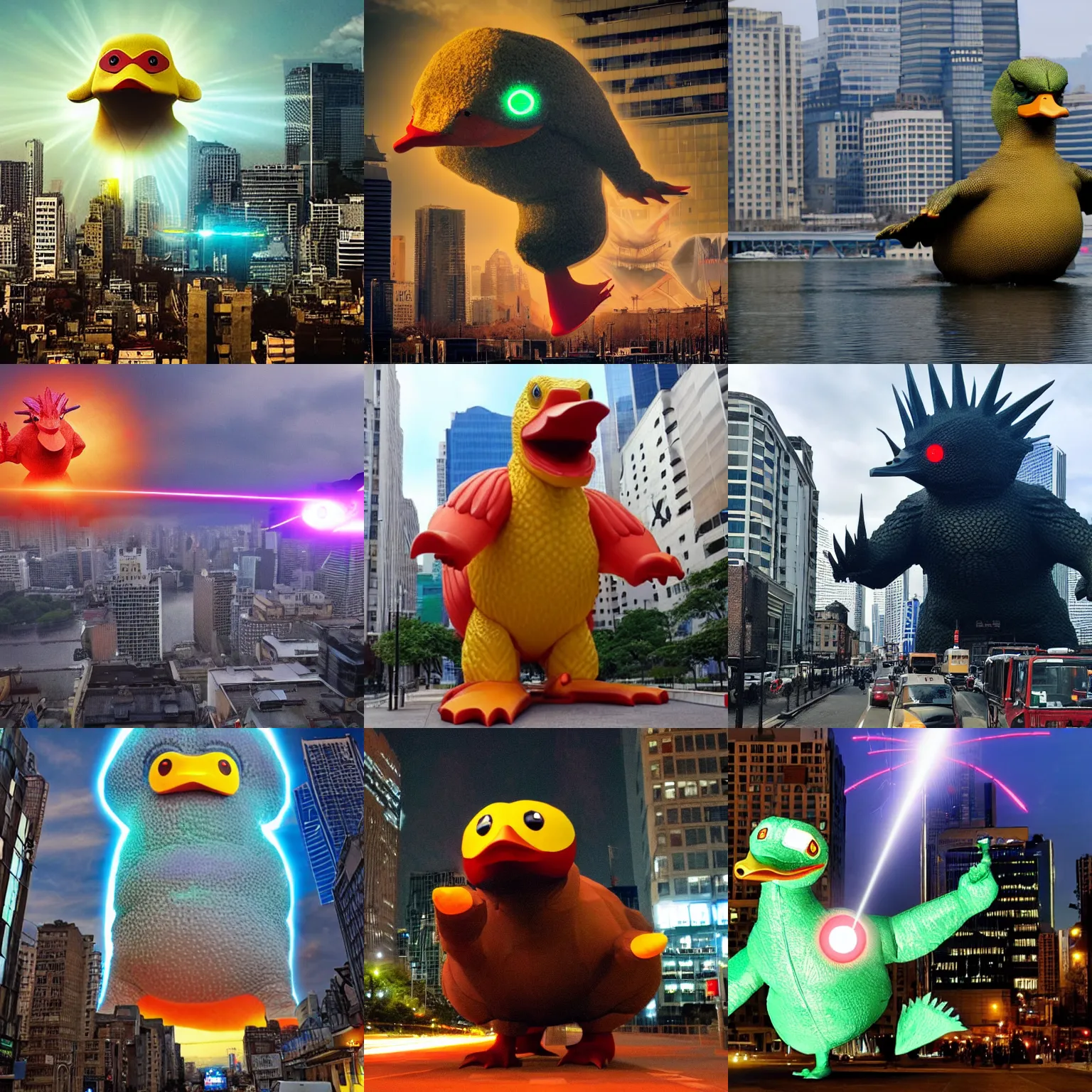 Prompt: a giant duck kaiju terrorising the city with his laser eyes