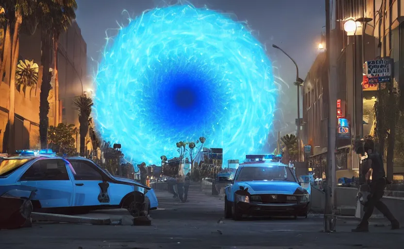 Image similar to people with posters attacking cops, a huge blue spiral - shaped white luminous attractor is floating on the horizon near the sun, stores in los angeles with light screens all over the street, concept art, art for the game, professional lighting, dark night lighting from streetlights