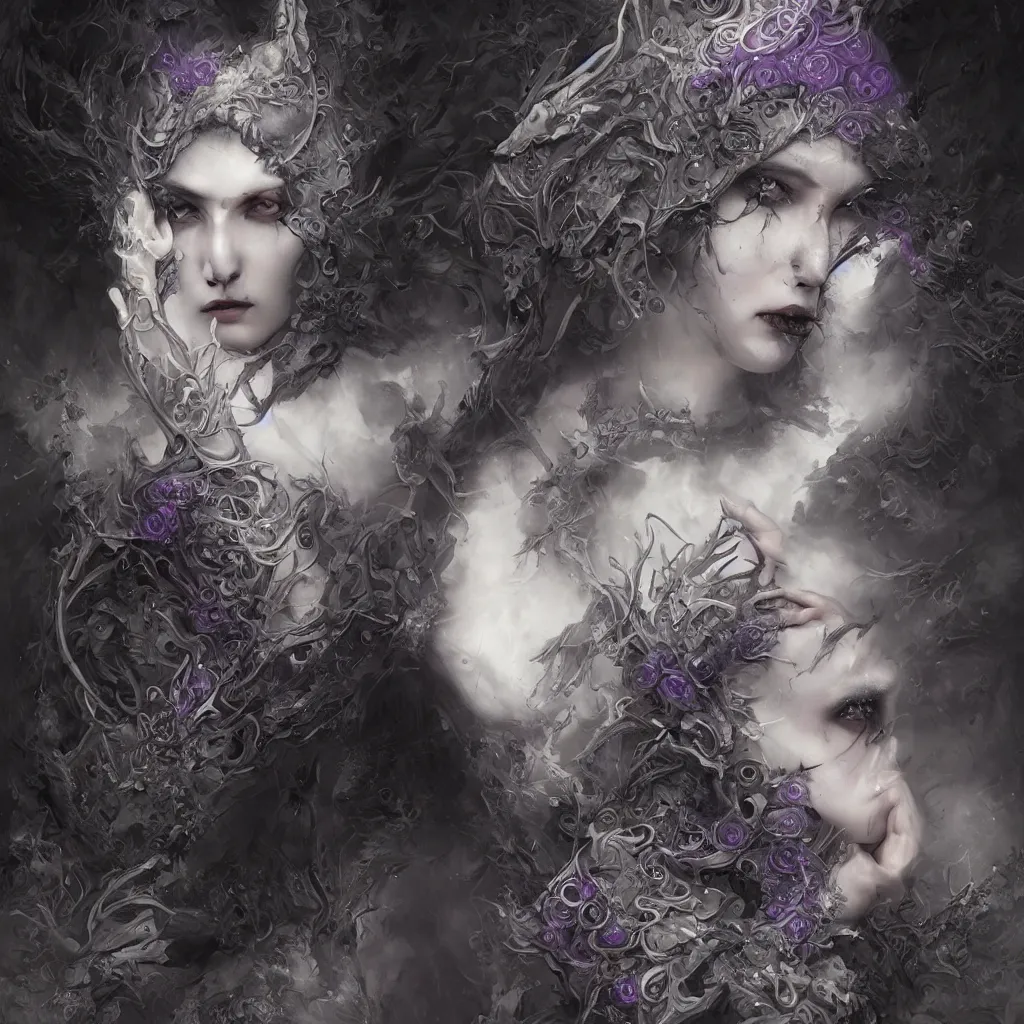 Prompt: tom bagshaw, soft painting centered portrait fractal curiosities carnival, a single beautiful anthropomorphic female wolf mutation in full nightshade gothic armor, accurate features, focus, very intricate ultrafine details, black white purple volumetric clouds, award winning masterpiece, octane render 8 k hd