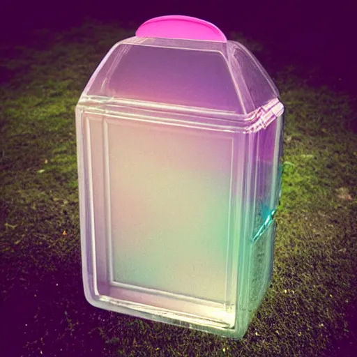 Prompt: a pastel coloured Polaroid photo of a drink caddy made of transparent iridescent perspex stood in a field, beams of light, nostalgic