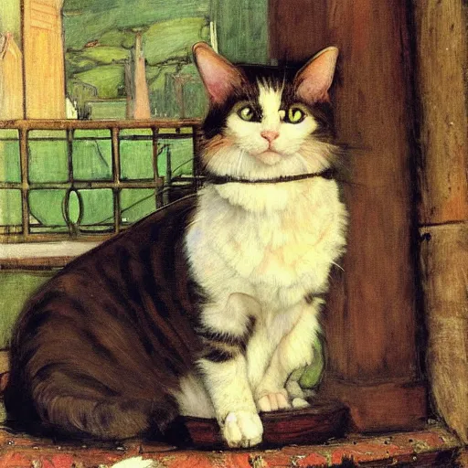 Prompt: painting of a cat by john william waterhouse