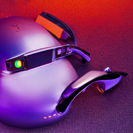 Image similar to award winning product photography, 3 5 mm lens, of a glossy orange metallic and shiny purple metallic shiny ergonomic hololens as off bugatti cheyvron, holographic display lenses, studio lighting,