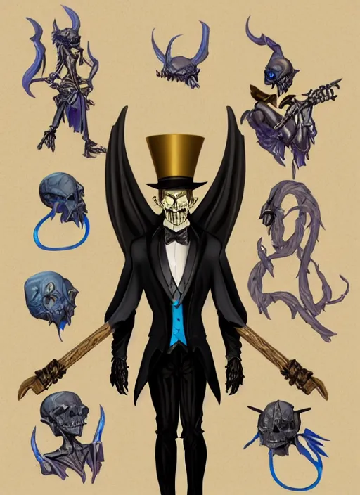 Prompt: DND character art, skeletal male figure, wearing a deep black suit!!! and tie and top hat, holding a gold! cane!, blue flames in background, blue flames