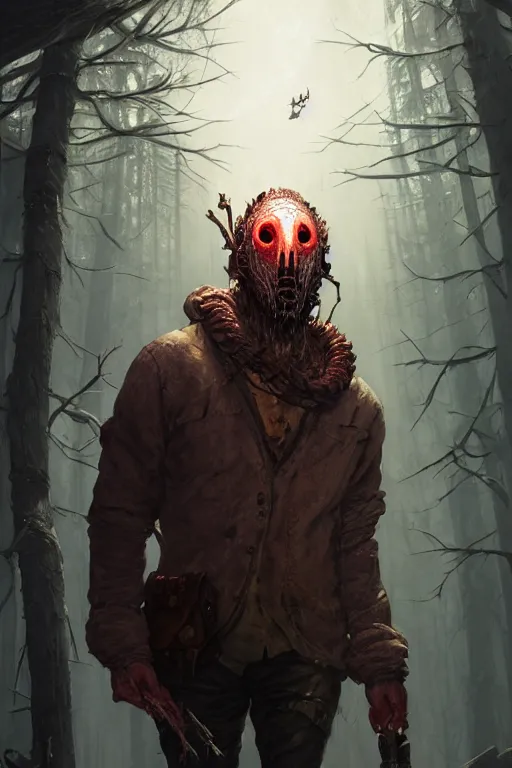 Image similar to highly detailed portrait of the trapper, in dead by daylight, stephen bliss, unreal engine, fantasy art by greg rutkowski, loish, rhads, ferdinand knab, makoto shinkai and lois van baarle, ilya kuvshinov, rossdraws, tom bagshaw, global illumination, radiant light, detailed and intricate environment