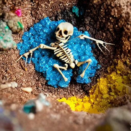 Prompt: mini dinosaur skeleton inside a geode of multi-colored crystals