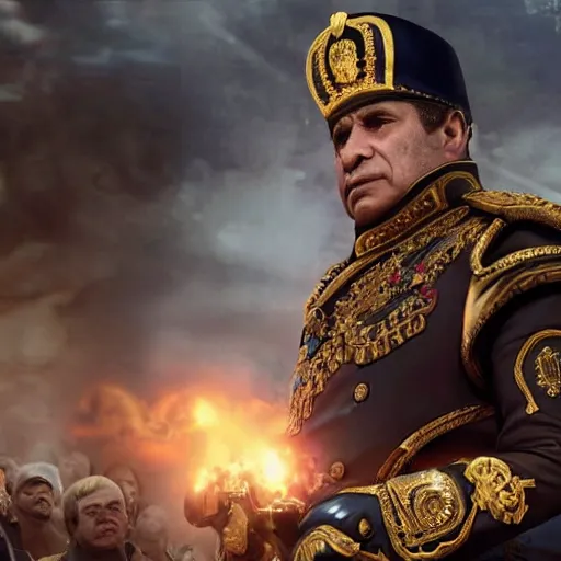 Image similar to muammar kadhafi as emperor napoleon in gears of war, splash art, movie still, detailed face, cinematic lighting, dramatic, octane render, long lens, shallow depth of field, bokeh, anamorphic lens flare, 8 k, hyper detailed, 3 5 mm film grain