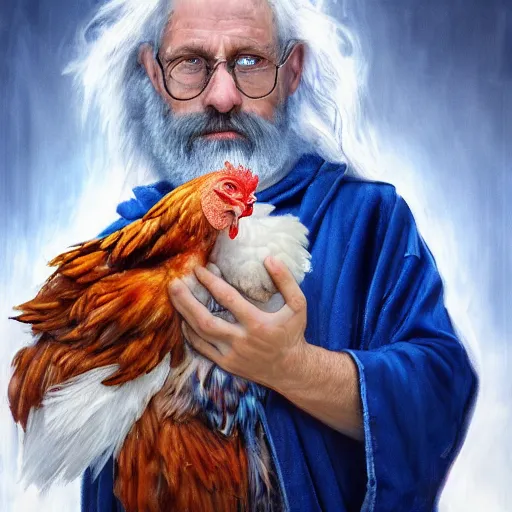 Image similar to a portrait of a wizard holding his pet chicken in his hands by Tony Sart, confused facial expression, blue robe, long white beard, frizzy hair, ArtStation, realistic, detailed