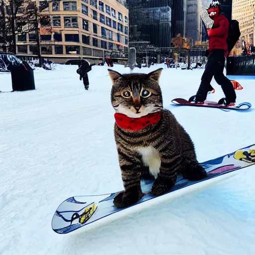 Prompt: cool cat snowboarding through downtown new york