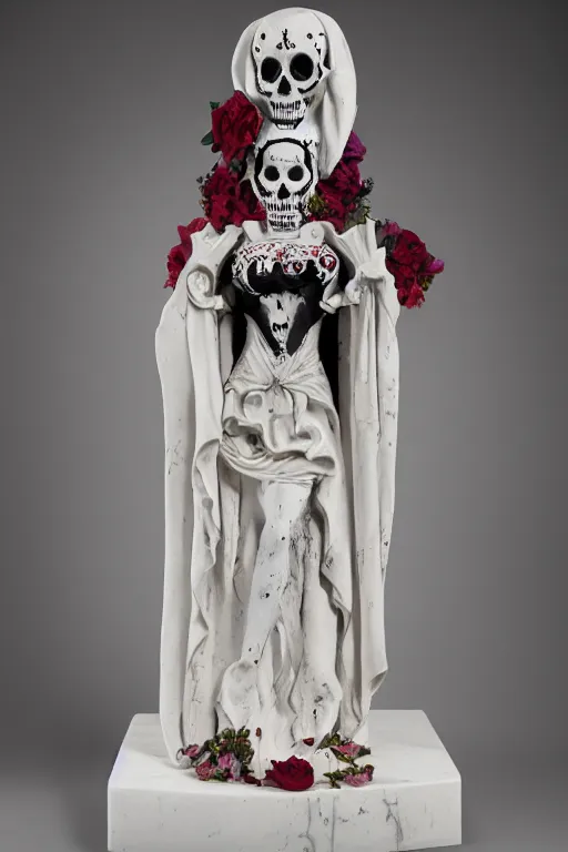 Prompt: full body of La catrina statue sculpted on white marble with blood stains by Bernini and kris kuksi