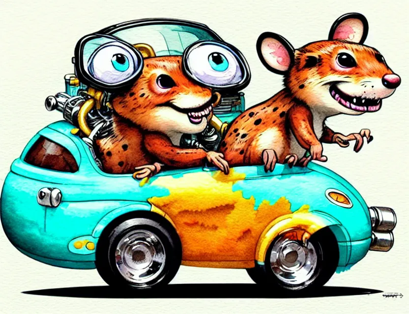 Image similar to cute and funny, quoll riding in a tiny hot rod with oversized engine, ratfink style by ed roth, centered award winning watercolor pen illustration, isometric illustration by chihiro iwasaki, edited by range murata, tiny details by artgerm and watercolor girl, symmetrically isometrically centered