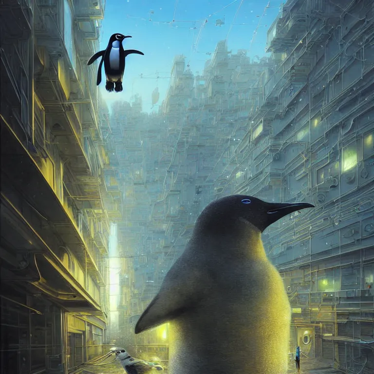 Image similar to A solarpunk very highly detailed Anthropomorphic cybertronic penguin wearing sport suit with very highly detailed face on the street of a very highly detailed solarpunk city digital surrealism art by Greg Rutkowski and Josan Gonzalez, highly detailed, digital concept art, Volumetric natural light, sharp focus, Golden Ratio illustration, realistic concept art by Stephen Hickman and James Gurney and Hiromasa Ogura Ghost in the Shell rendered in VRAY, From the distance