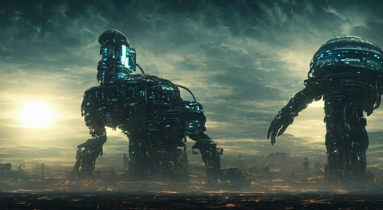 Image similar to The gargantuan, planet-sized interstellar cyberpunk steampunk cyborg creature towered over the horizon. Creepy, 4K Cinematic, Award winning, ultra high resolution, intricate details, UHD 8K