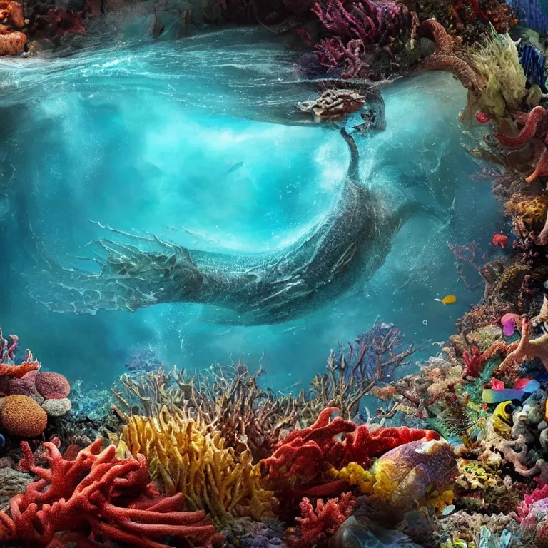 Prompt: a photo of a massive sea monster made of pieces of coral reef emerging from the ocean, epic vfx shot, waves, splashing water, creature design, award winning photography, national geographic
