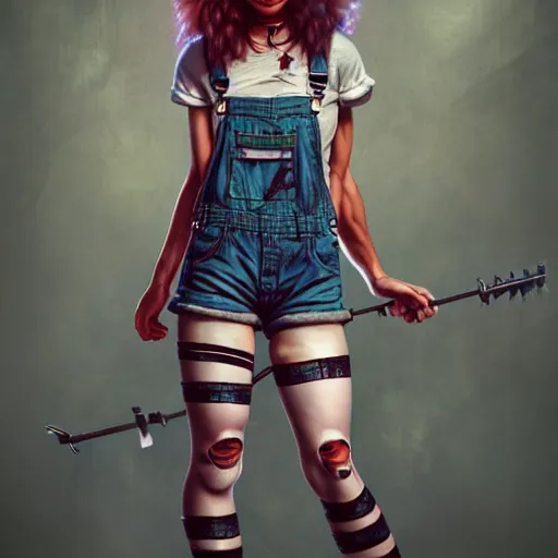 Image similar to full body pose, grungy alice, torn overalls, short shorts, combat boots, fishnets, beautiful, highly detailed face, true anatomy!, extremely detailed!, digital painting, unreal engine 5, art by tom bagshaw