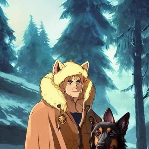 Image similar to a two german shepherds beast - men, holding a mug of beer, a lot of pockets, fur cape, tavern background, magical, bright, colorful, fantastic lighting, amazing details, 4 k uhd, illustration by hayao miyazaki and makoto shinkai and ilya kuvshinov, artstation, pixiv,