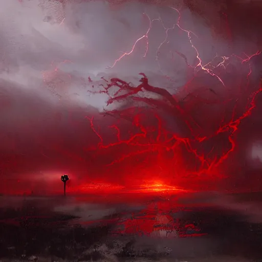 Prompt: a evil red storm brewing, eerie, death, lightning, end of world, eldritch, craig mullins