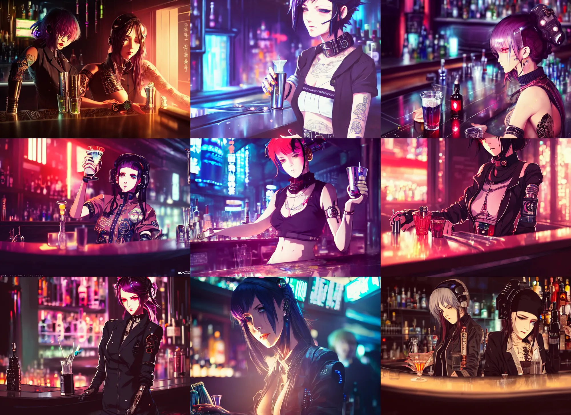 Prompt: very cool girl bartender wearing cyberpunk intricate streetwear, serving cocktail at space bar, beautiful, intricate complexity, by krenz cushart, kyoto animation, wlop. 4 k, beautiful, cinematic dramatic atmosphere