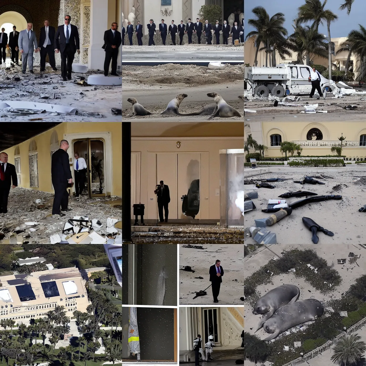 Prompt: nuclear weapons documents explode out everywhere inside mar - a - lago as baby seal investigators wearing business suits raid the facility