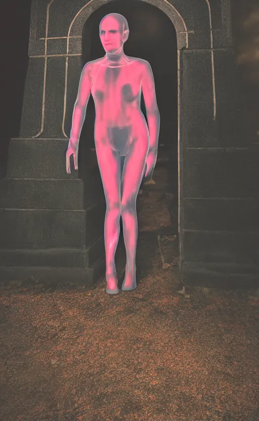 Prompt: a full shot photo of a translucent woman, invisible, streets, ghost, creepy, horror, scary, stressful, caucasian, feminine, nighttime, cemetery, bloody, blood everywhere, very bloody, glow up, realistic, 8 k, hdr, extremely detailed