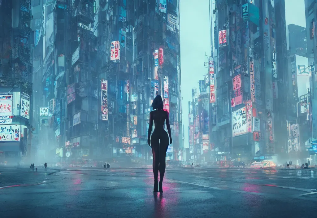 Image similar to 5 0 foot cyberpunk woman, giant, in tokyo city, skyscapers, spot lights, raining, wet, roger deakins cinematography, realistic, stylised, unreal engine, hyper realistic, octane render, camera bloom, fog, bladerunner