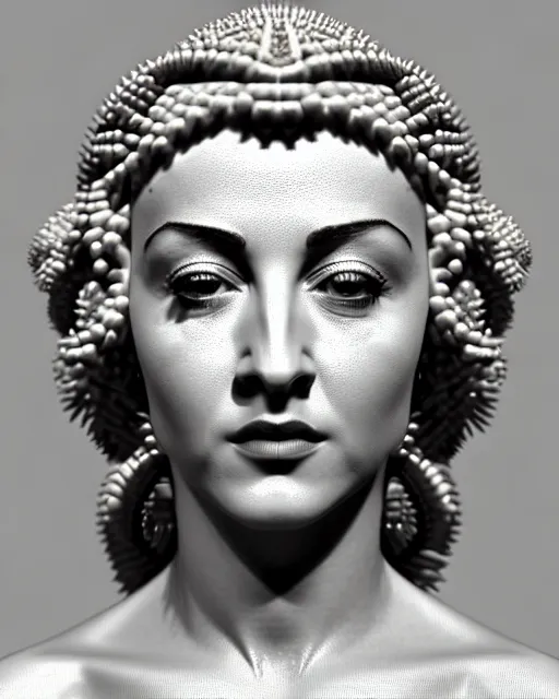 Image similar to bw 3 d render of a beautiful young madonna female queen - cyborg - vegetal, intricate fractal ornament in the bust with a very long neck, elegant, highly detailed intricate rococo ornament in her silver long hair, realistic, refined, highly detailed, cinematic outdoor lighting, by flora borsi in the style of dora maar, volumetric lighting, hyper realistic photography