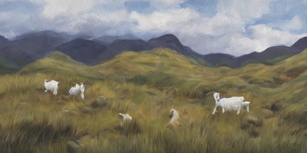Image similar to painting of rocky highlands with goats grazing in the far distance, overcast skies, muted colors