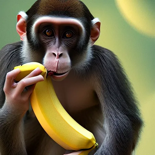 Prompt: monkey eating banana, higly detailed, 8 k, photorealistic, art concept, artstation, sharp focus