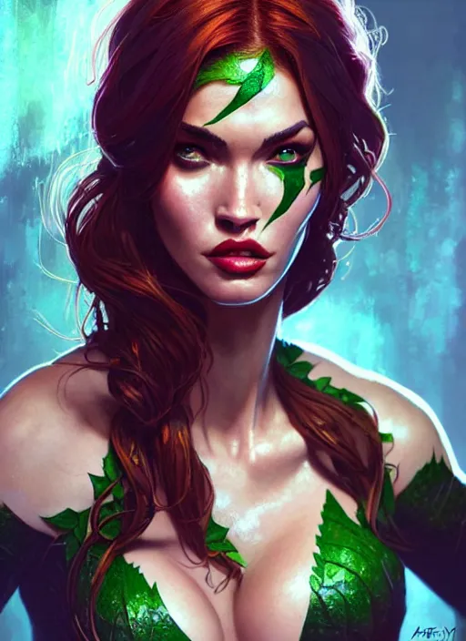 Image similar to portrait of apex legends megan fox as poison ivy, intricate, elegant, glowing lights, highly detailed, digital painting, artstation, glamor pose, concept art, smooth, sharp focus, illustration, art by artgerm and greg rutkowski, artey freytag