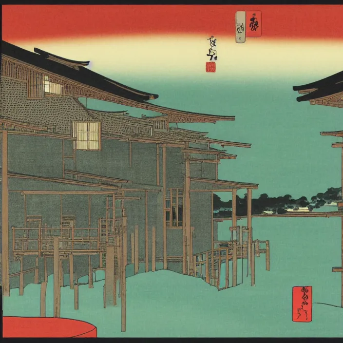 Image similar to a building in a serene landscape, ukiyoe