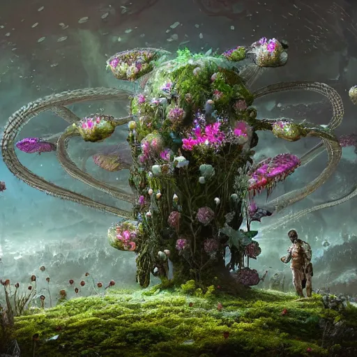 Image similar to intricate bio - organs intertwined with bio - robotic flowers, intricate environment, matte painting, cinematic, epic composition, highly detailed, atmospheric, wide angle, artstation trending