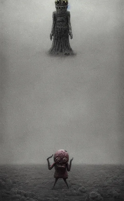 Image similar to spongebob squarepants in style of zdzisław beksinski, standing in wasteland, horror art, creepy, desolate, spongebob, spongebob, spongebob, spongebob