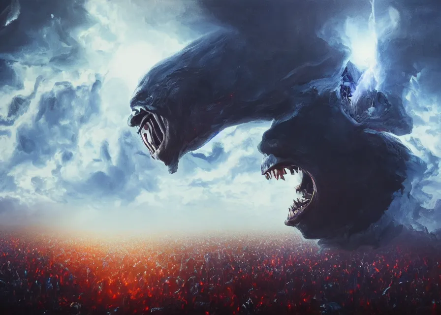 Image similar to large abstract painting of giant grinning evil dynamic Joe Biden head emerging from cosmic clouds at giant immense crowd of person army, trending on ArtStation, masterpiece, by Ciurlionis, octane, lightbeam eyes, oil on canvas, moody lighting, lights beaming out of eyes, cinematic, professional environment concept art