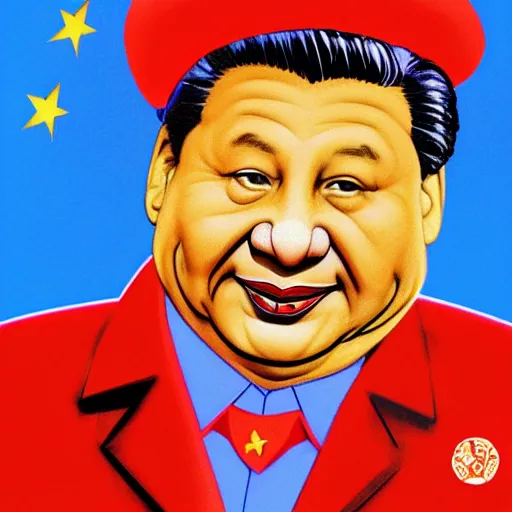 Image similar to xi jinping as communist clown, soviet propaganda style, vivid colors, detailed lines, dominating red color, detailed portrait, poster style