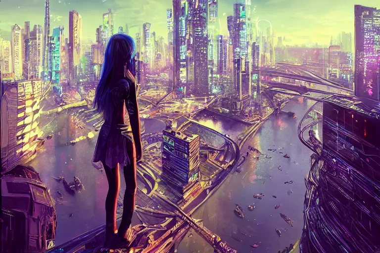 Image similar to a beautiful picture of a girl standing on top of a bridge over a city, cyberpunk art by vincent lefevre,