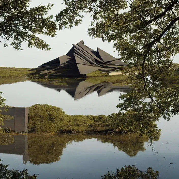 Image similar to a building in a serene landscape, origami