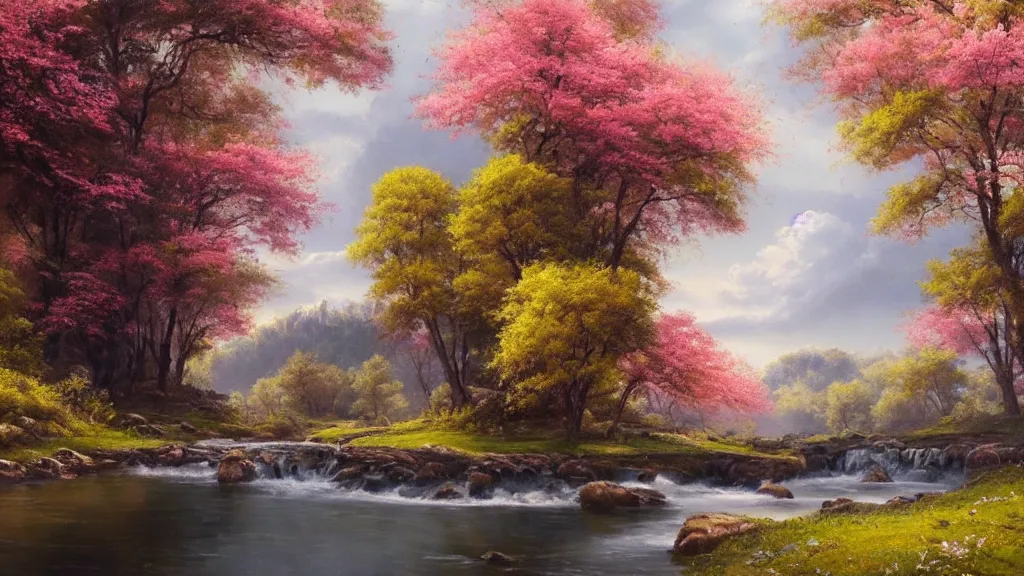 Image similar to A beautiful landscape oil painting of a hill with trees, the spring has arrived and the trees are blooming and covered with colorful flowers, the flowers are yellow, pink, purple and red, the river is zigzagging and flowing in its way, the river has lots of dark grey rocks, by Greg Rutkowski