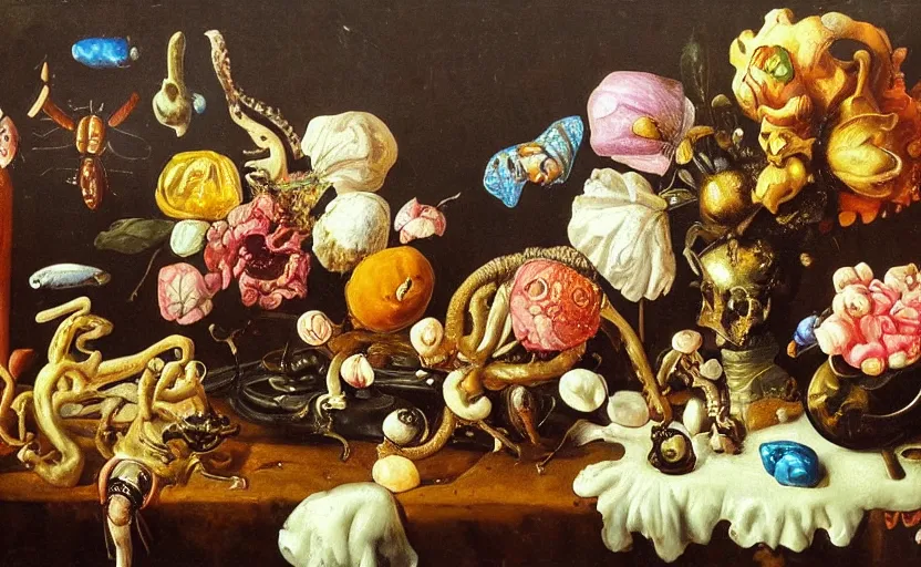 Prompt: disturbing colorful oil painting dutch golden age vanitas still life mutantflowers with bizarre objects strange gooey surfaces shiny metal bizarre insects meat rachel ruysch dali todd schorr very detailed perfect composition rule of thirds masterpiece