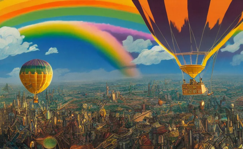 Image similar to steampunk hot air balloon flying through a double rainbow, detailed digital concept art, 4 k movie still, comic book full page by studio ghibli and winsor mccay