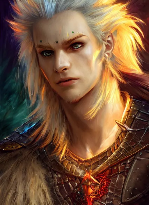 Image similar to human spiky hair, ultra detailed fantasy, dndbeyond, bright, colourful, realistic, dnd character portrait, full body, pathfinder, pinterest, art by ralph horsley, dnd, rpg, lotr game design fanart by concept art, behance hd, artstation, deviantart, hdr render in unreal engine 5